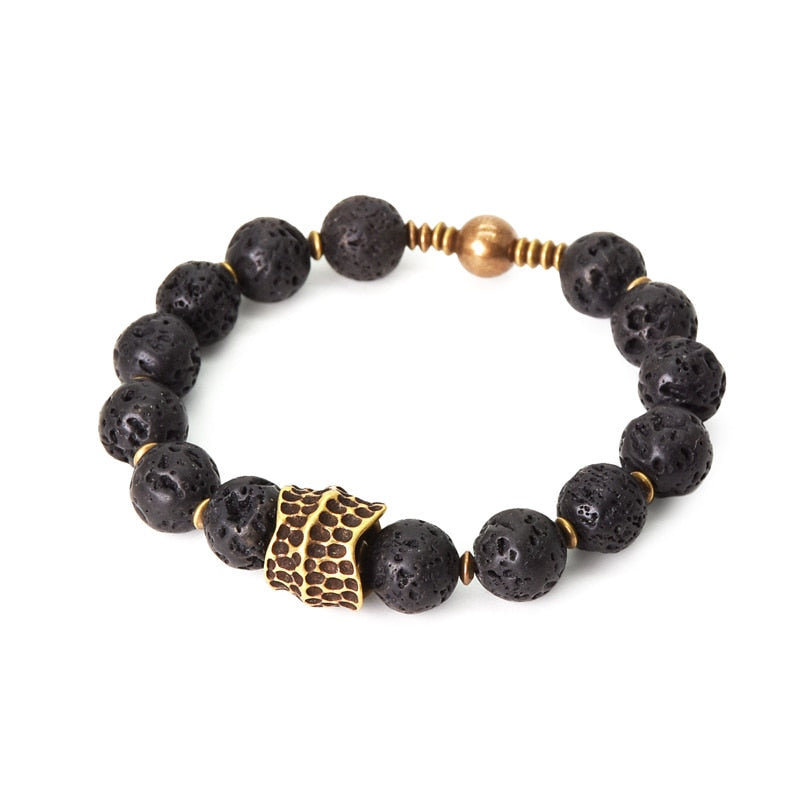 Artificial Brass Charm Bead Lava Rock Stone Bracelet