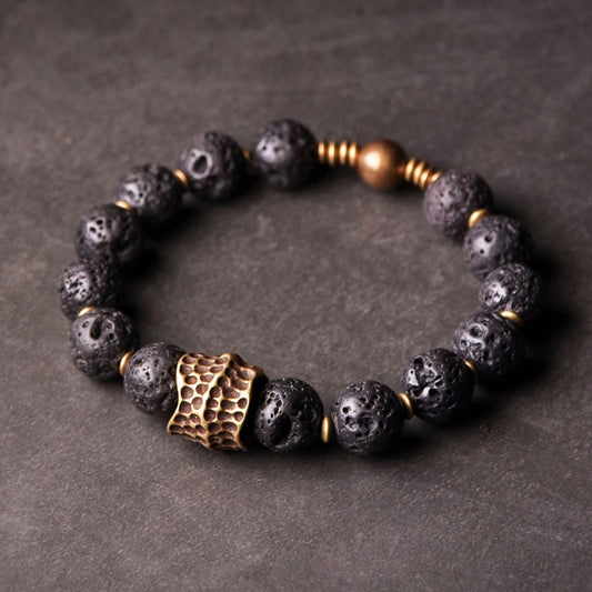 Artificial Brass Charm Bead Lava Rock Stone Bracelet