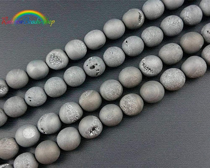 Agate Druzy Metallic Grey Druzy Beads, Round 6-14mm, 15.5'' strand 