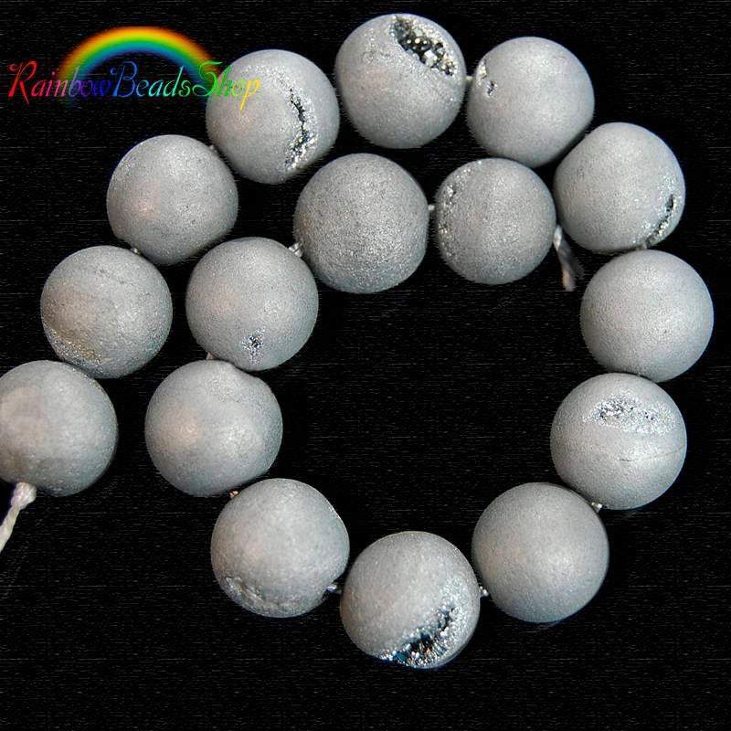 Agate Druzy Metallic Grey Druzy Beads, Round 6-14mm, 15.5'' strand 