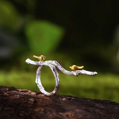 Bird on Branch Ring, 925 Sterling Silver 18K Gold 