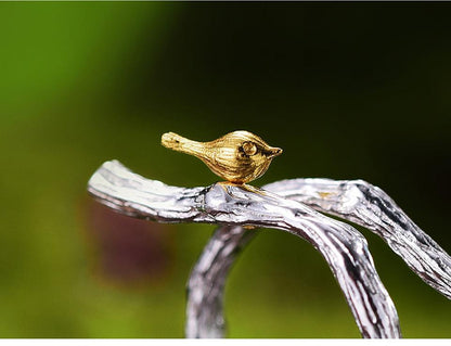 Bird on Branch Ring, 925 Sterling Silver 18K Gold 