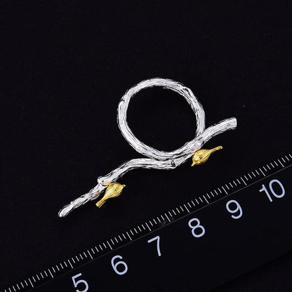 Bird on Branch Ring, 925 Sterling Silver 18K Gold 