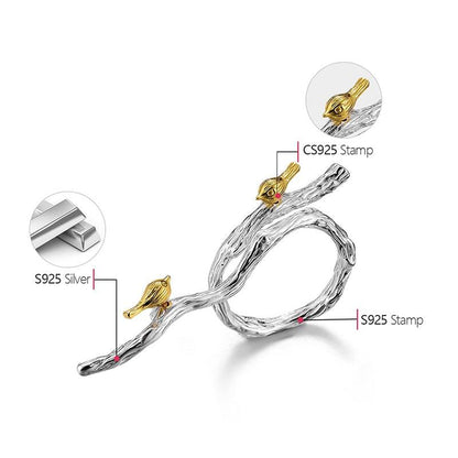 Bird on Branch Ring, 925 Sterling Silver 18K Gold 