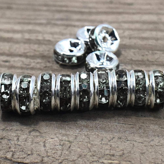 Black Diamond Czech Crystal Rhinestone Silver Rondelle Beads, 100pcs 4mm 5mm 6mm 8mm 10mm beadig, jewelry making, Craft Supplies, Findings 