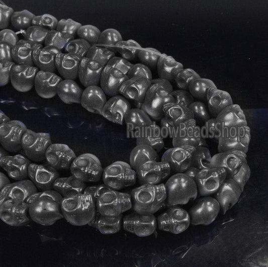 Black Howlite Skull Side Ways Beads, 12x13mm Carved Stone, 16'' strand 