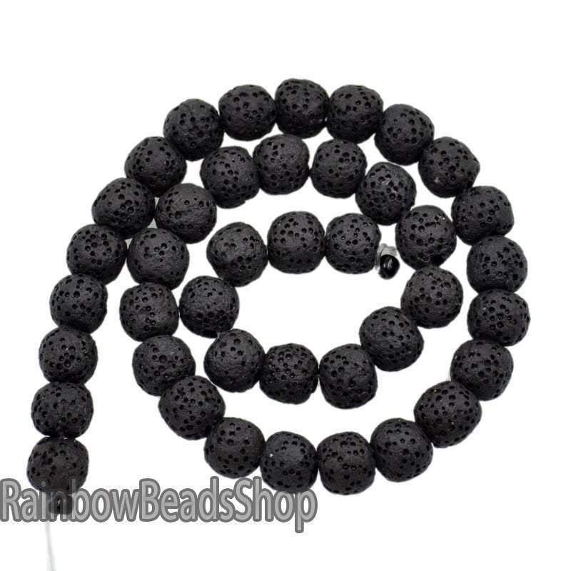 Black Lava Volcanic Beads, Natural Round Gemstone, 8-12mm, 15.5'' strand 