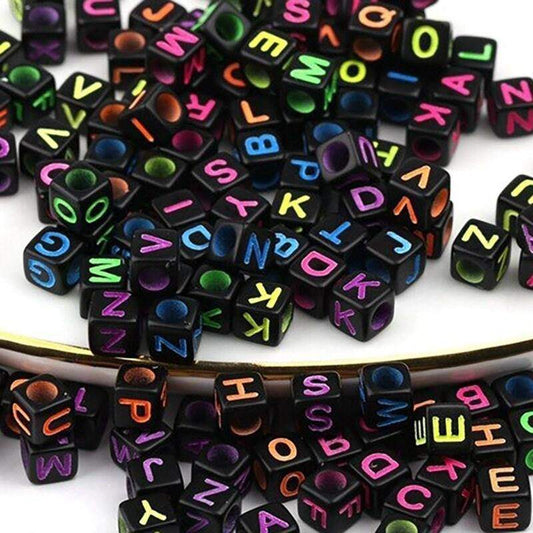 Black Letter Cube Beads, 6mm Alphabet plastic Carved Square Symbo Beads, 100pcs 