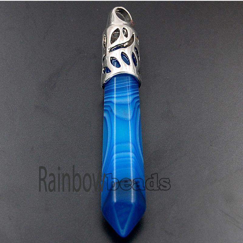 Blue Agate Crystal Healing Stone Pendant, 58mm 