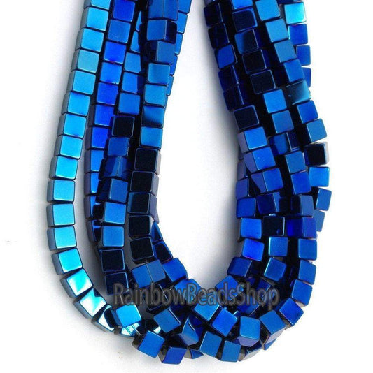 Blue  Hematite Square Cube Metallic Beads, 2-4mm, 16'' strand 