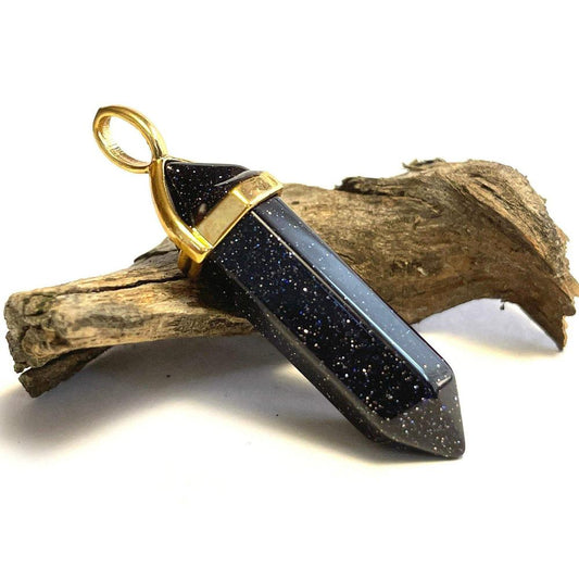 Blue sand aventurine Hexagonal Pointed Gemstone Pendant, Gold Plated Brass, Crystal Healing Pendant, Boho Hippie Crystal 