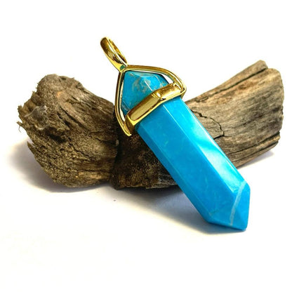 Blue Turquoise Hexagonal Pointed Gemstone Pendant, Gold Plated Brass, Crystal Healing Pendant, Boho Hippie Crystal 