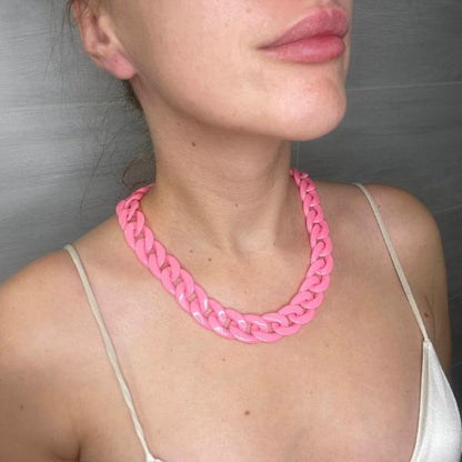 Chunky Long Chain Necklace, Pink Acrylic Large link, gift, Boho Fashion Women Jewelry 