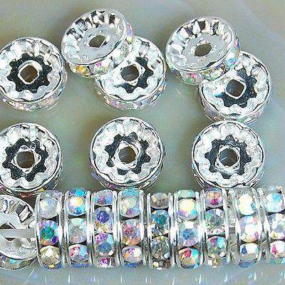 Clear AB Czech Crystal Rhinestone Silver Rondelle Spacer Beads, 100pcs 4mm 5mm 6mm 8mm 10mm, beadig, jewelry making Craft Supplies, Findings 