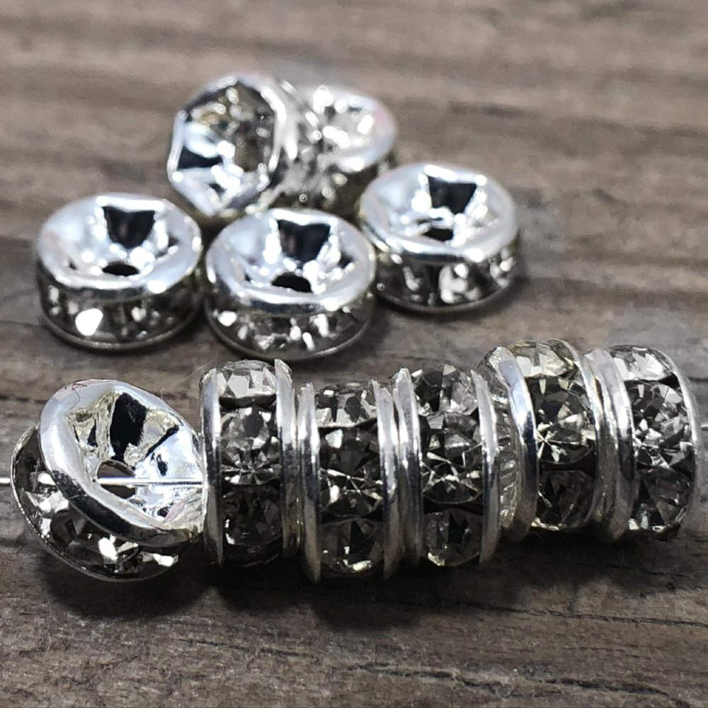 silver rhinestone rondelle 12mm x 5mm spacer beads