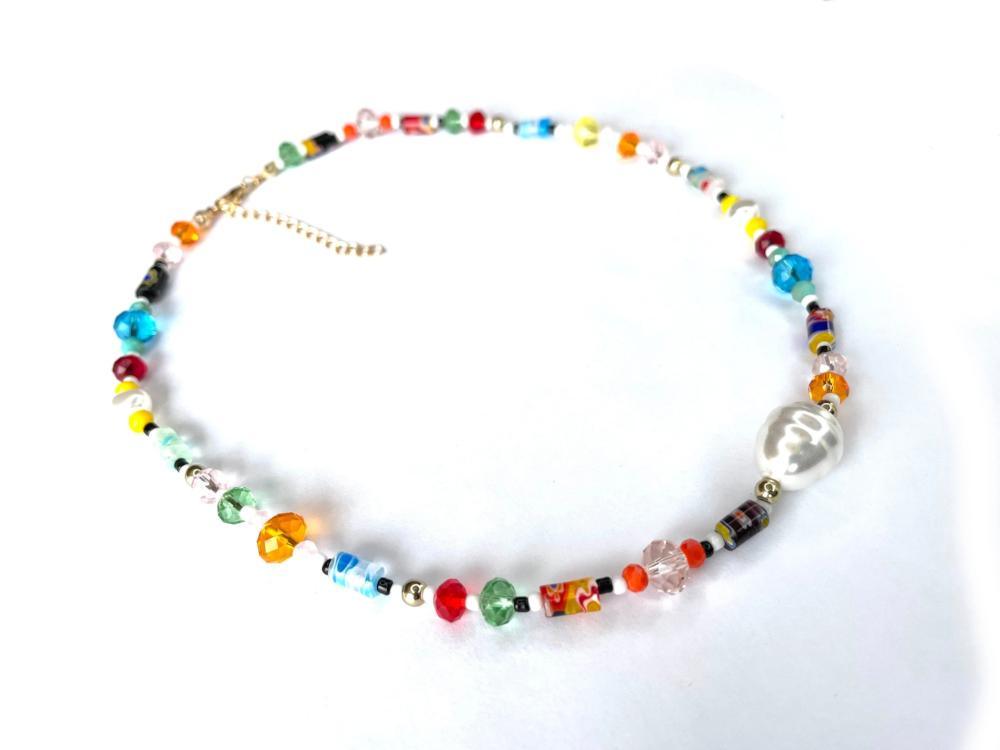 Colorful chamomile flowers Evil Eye Pearl Beaded Necklace, Transparent Mixed glass seed clay beads Choker, Indie Boho Trendy Summer Necklace 