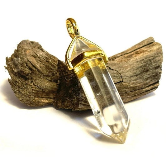 Crystal Rock Quartz Hexagonal Pointed Gemstone Pendant, Gold Plated Brass, Crystal Healing Pendant, Boho Hippie Crystal 