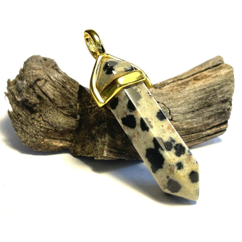 Dalmatian Spot Dot Jasper Hexagonal Pointed Gemstone Pendant, Gold Plated Brass, Crystal Healing Pendant, Boho Hippie Crystal 