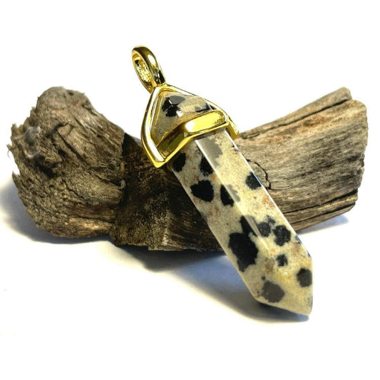 Dalmatian Spot Dot Jasper Hexagonal Pointed Gemstone Pendant, Gold Plated Brass, Crystal Healing Pendant, Boho Hippie Crystal 