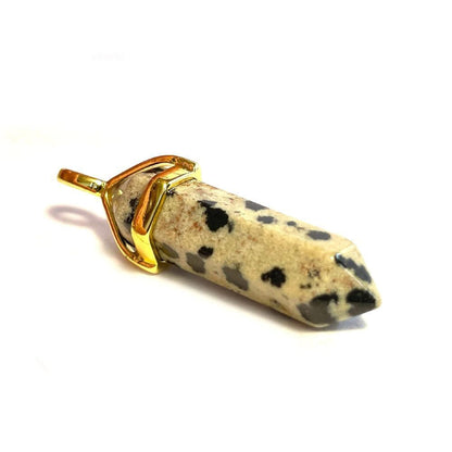 Dalmatian Spot Dot Jasper Hexagonal Pointed Gemstone Pendant, Gold Plated Brass, Crystal Healing Pendant, Boho Hippie Crystal 