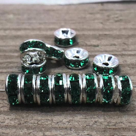 Emerald Czech Crystal Rhinestone Silver Rondelle Spacer Beads, 100pcs 4mm 5mm 6mm 8mm 10mm, beadig, jewelry making, Craft Supplies, Findings 