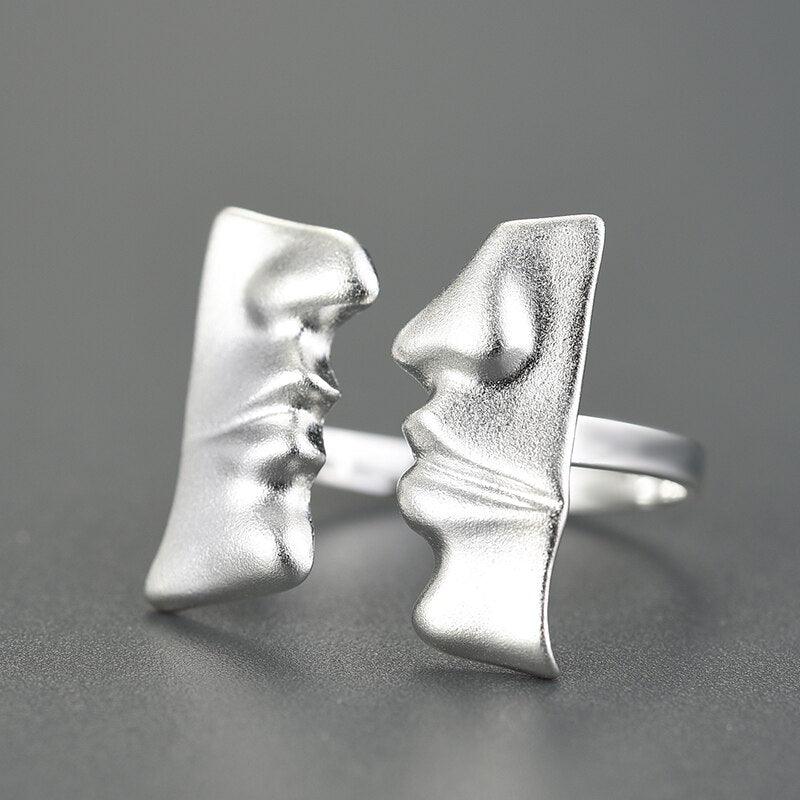 Face to Face Kiss Couple Ring, 925 Sterling Silver 