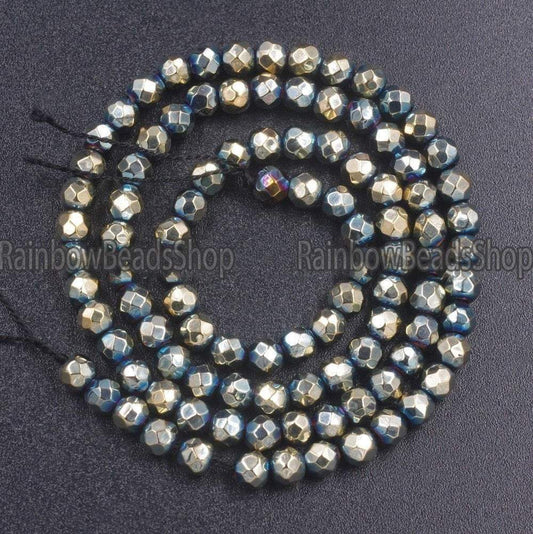 Faceted Metalic Green Pyrite Color Hematite Beads, 16'' strand 