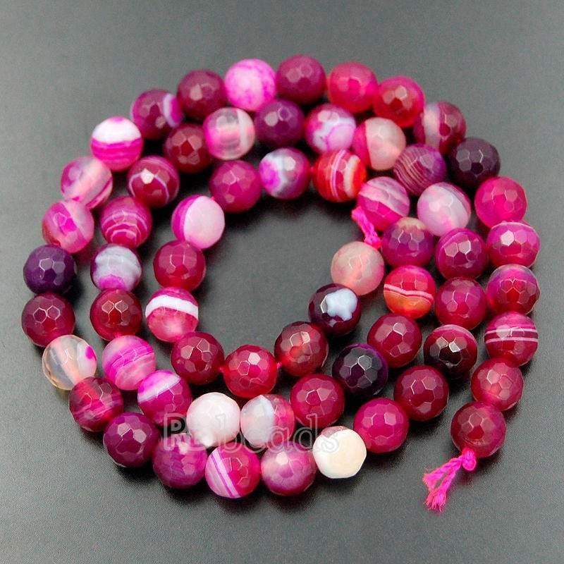 Faceted Pink Magenta Stripe Banded Agate Beads, 6-10mm Round, 15.5 str 