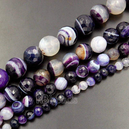 Faceted Purple Stripe Banded Agate Beads, 4-10mm Round, 15.5 strand 