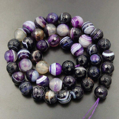 Faceted Purple Stripe Banded Agate Beads, 4-10mm Round, 15.5 strand 