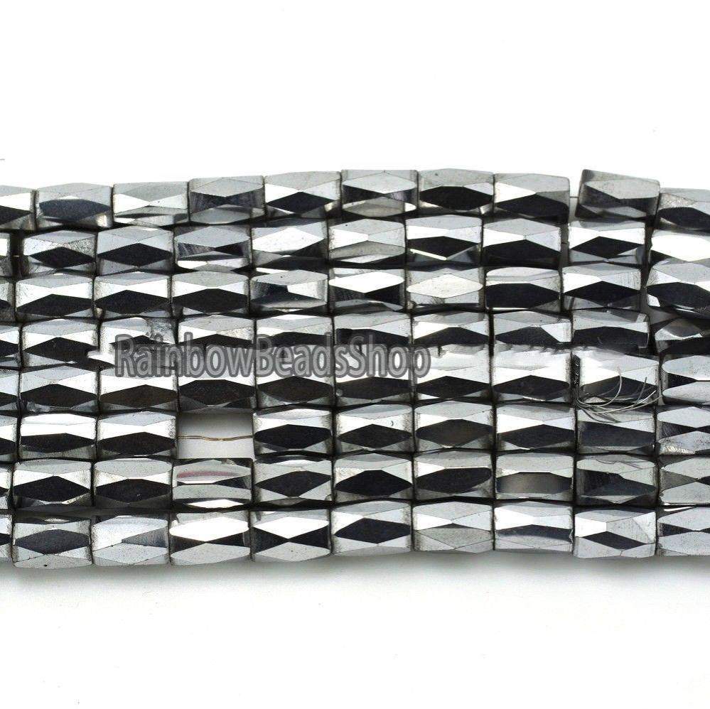 Faceted Tube Hematite beads, Silver, 100pcs 5x8mm 
