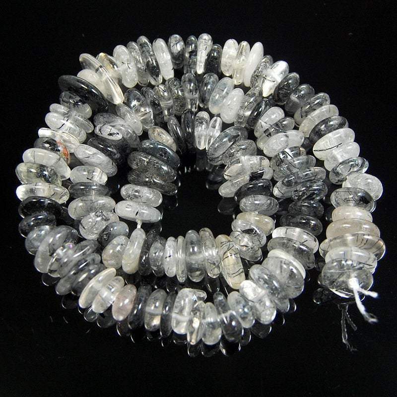 gem Natural Tourmaline Rutilated Quartz Freeform Rondelle Disk Beads, Spacer Loose Stone beads,  Jewelry beads 3-5x8-13mm, 15'' strand 