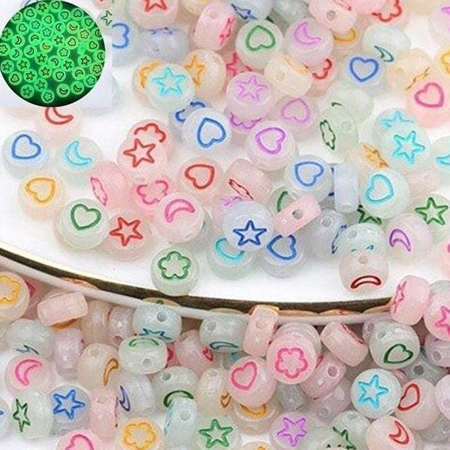 Glow in the Dark Print flat round Luminous Acrylic Beads, 7mm Coloured Mixed  plastic Carved beads, 100pcs 