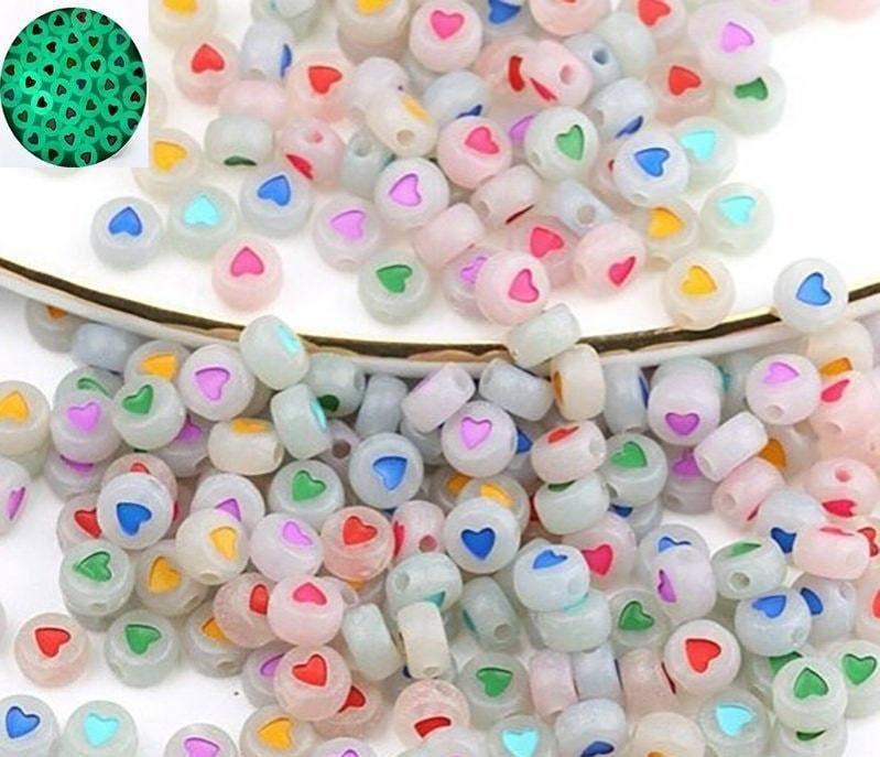 Glow in the Dark White heart flat round Luminous Acrylic Beads, 7mm Coloured Mixed  plastic Carved beads, 100pcs 