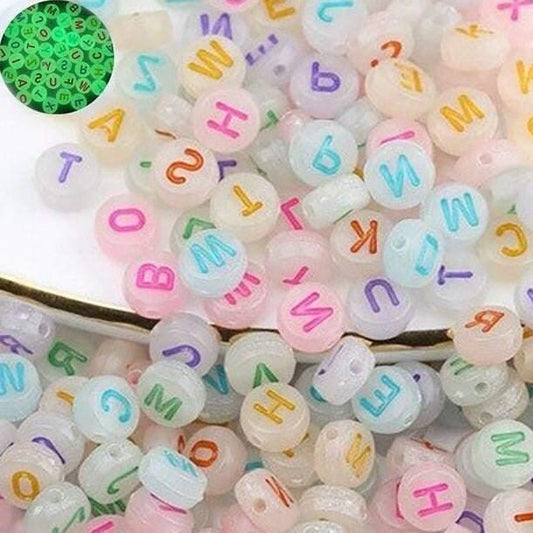 Glow in the Dark White letters flat round Luminous Acrylic Beads, 7mm ABC Coloured Mixed  plastic Carved beads, 100pcs 
