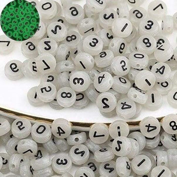 Glow in the Dark White numbers flat round Luminous Acrylic Beads, 7mm Coloured Mixed  plastic Carved beads, 100pcs 