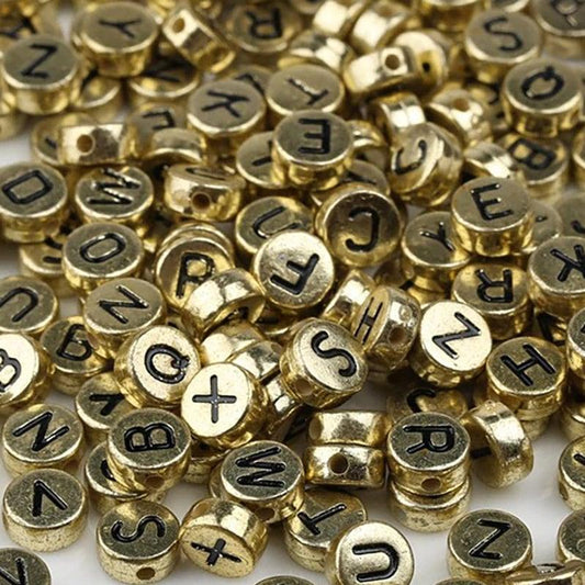 Gold ABC Round Letter Beads, 7mm A-Z Multi Coloured Mixed  Carved  Acrylic  Letter Beads, 100pcs 