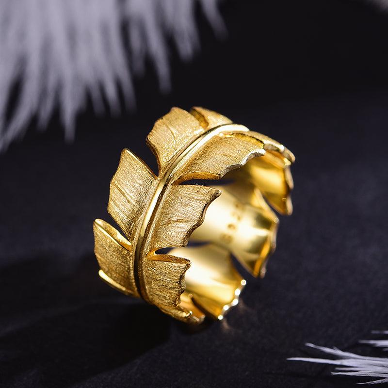 Gold Classic Feather Ring, 925 Sterling Silver 