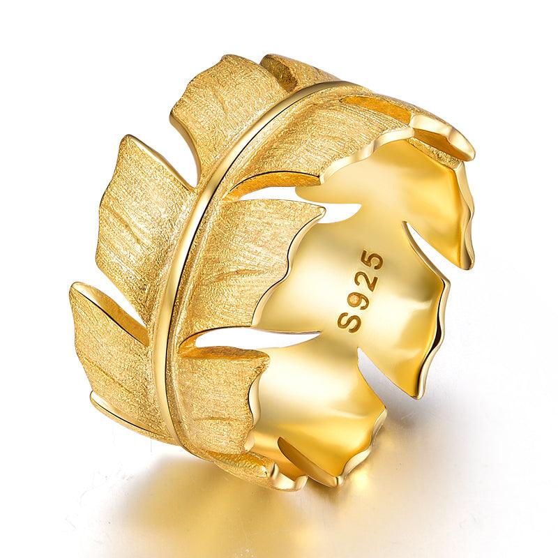 Gold Classic Feather Ring, 925 Sterling Silver 