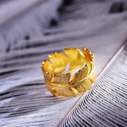 Gold Classic Feather Ring, 925 Sterling Silver 