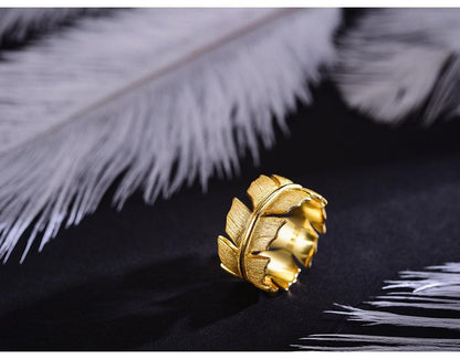 Gold Classic Feather Ring, 925 Sterling Silver 