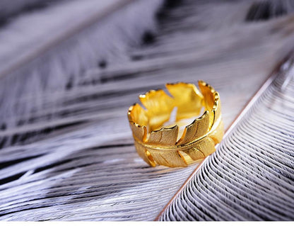 Gold Classic Feather Ring, 925 Sterling Silver 