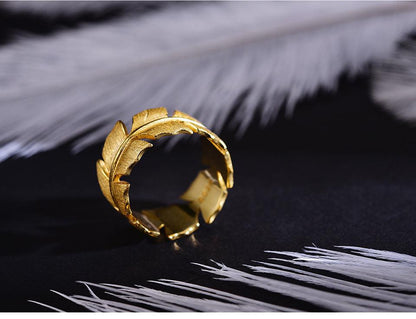 Gold Classic Feather Ring, 925 Sterling Silver 