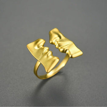 Gold Face to Face Kiss Couple Ring, 925 Sterling Silver 