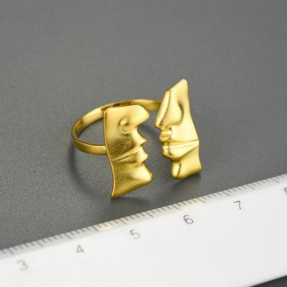 Gold Face to Face Kiss Couple Ring, 925 Sterling Silver 