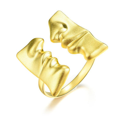 Gold Face to Face Kiss Couple Ring, 925 Sterling Silver 