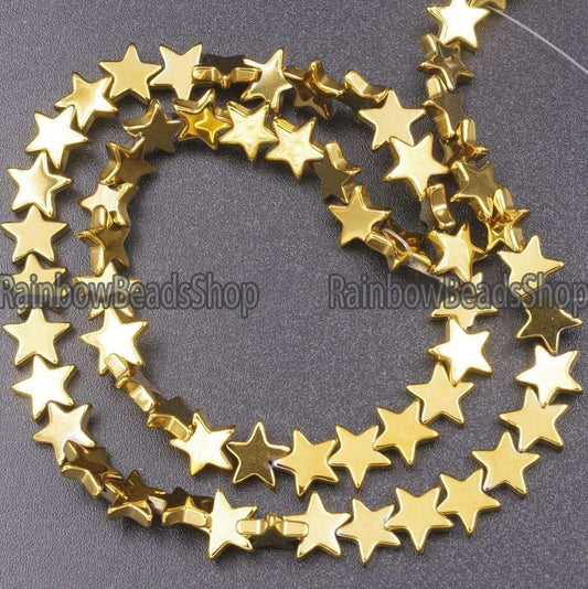 Gold Flat Star Hematite  beads, 4- 10mm, 16'' strand 