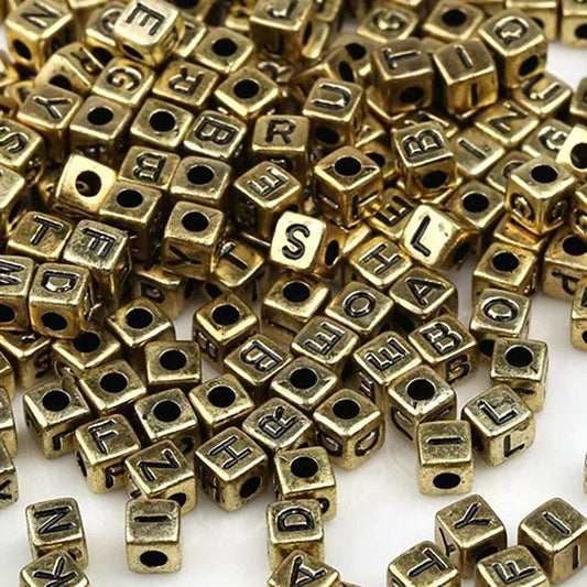 Gold Letter Cube Beads, 6mm Alphabet plastic Carved Square Symbo Beads, 100pcs 