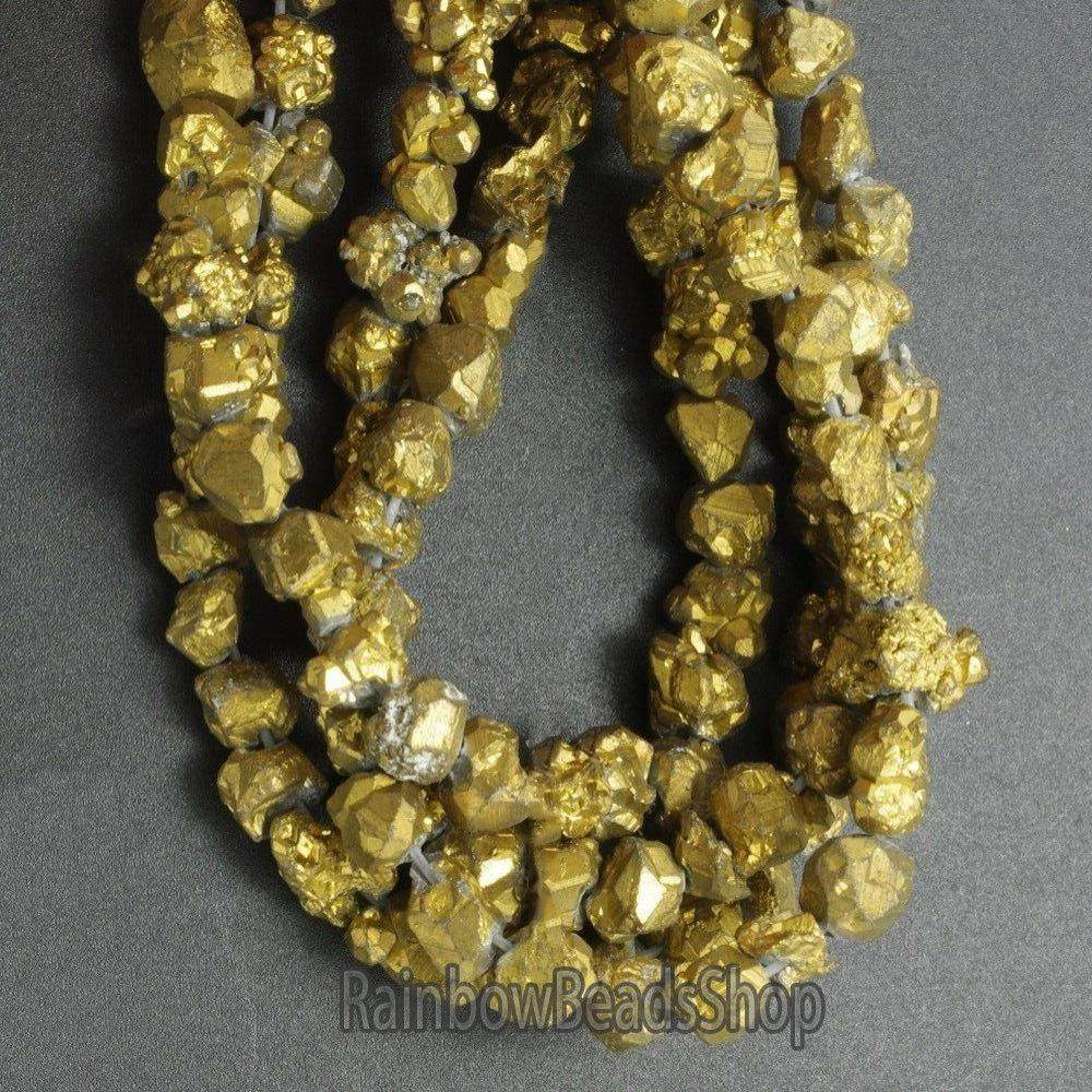 Gold Quartz Crystal Druzy Chip Nugget Stone Loose Beads, Titanium Coated  7-8mm 