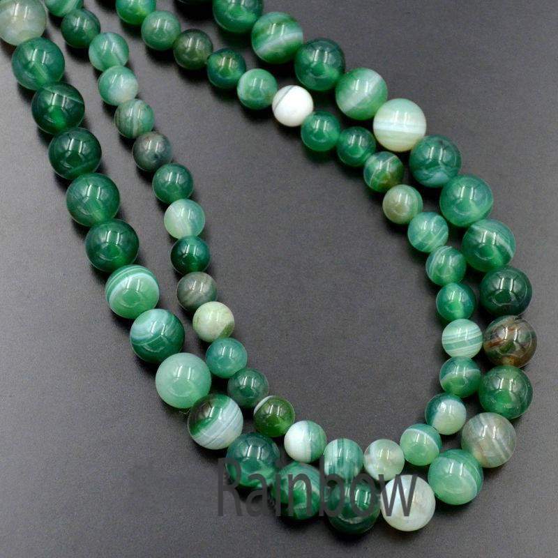 Green Banded Stripe Agate banded Beads, 6-10mm Round, 15.5 inch strand 